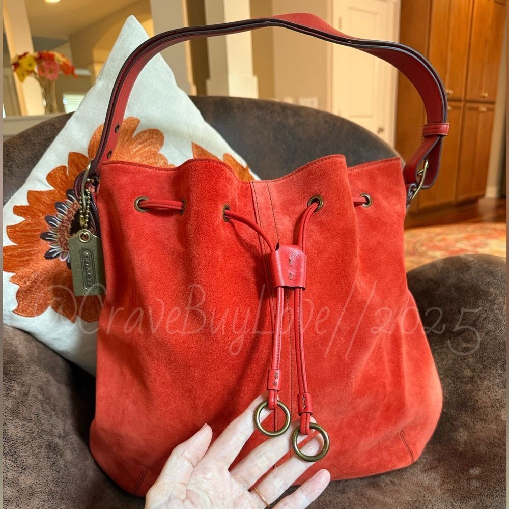 SOLD  DRAWSTRING VERMILLION SUEDE LEATHER BRASS HANGTAG EVC RARE - Picture 9 of 17